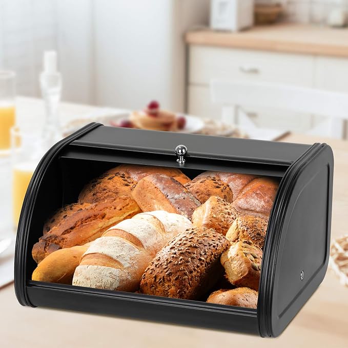 Metal Bread Boxes, Bread Box Storage Bin Kitchen Container with Roll Top Lid Iron Countertop Containers Metal Food Storage Bread Keeper Large Capacity Home Kitchen Counter (Black) by Widousy