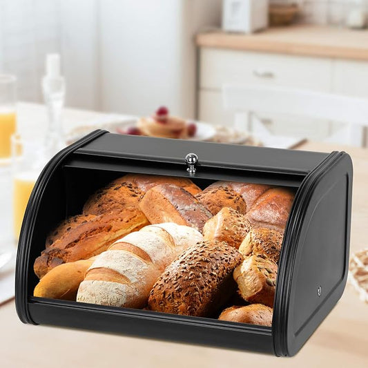 Metal Bread Boxes, Bread Box Storage Bin Kitchen Container with Roll Top Lid Iron Countertop Containers Metal Food Storage Bread Keeper Large Capacity Home Kitchen Counter (Black) by Widousy