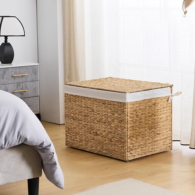 Water Hyacinth Storage Basket with Lid, 46.2 Gallon (175L) Wicker Shelf Basket with Removable Liner, Wicker Storage Basket for Blanket, for Livingroom, Bedroom, Natural - Image 3