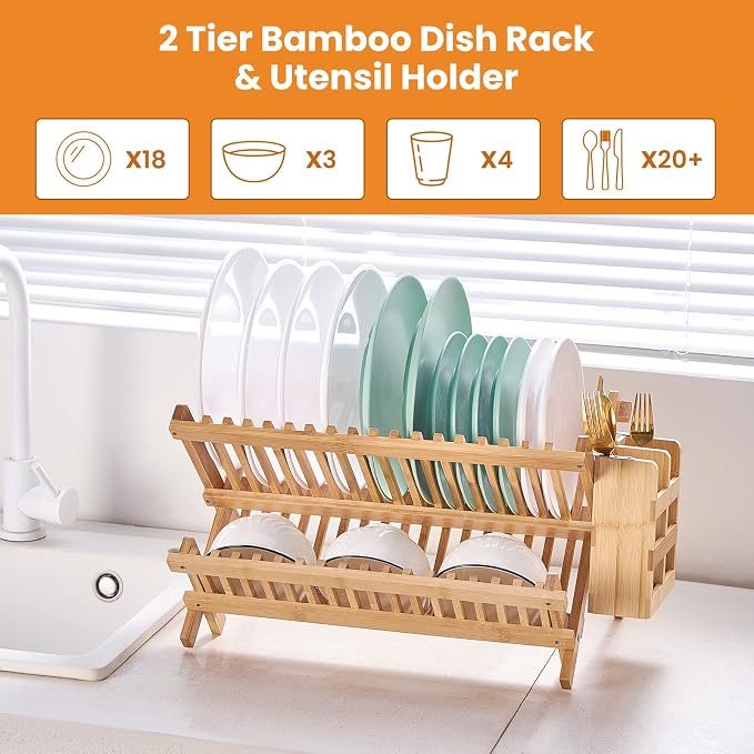 Bamboo Dish Drying Rack, 2 Tier Collapsible Dish Rack with Utensil Holder, Wooden Dish Drying Rack for Kitchen Counter, Large Folding Drying Holder, Dish Drainer 34 pcs Grid - Image 4