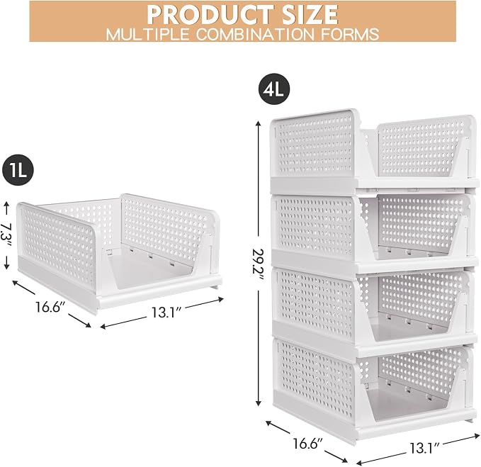 4 Pack Stackable Closet Storage Basket - Stackable Storage Bins | Multifunctional & Foldable Closet Organizer Waterproof, Wardrobe Cupboard Space-Saving Storage Drawer Organizer - Image 3