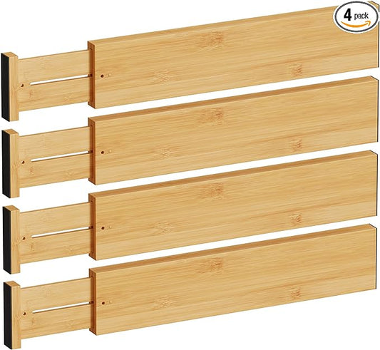 BAMEOS Bamboo Expandable Drawer Dividers – Fits 16.65"–22" Drawers, 4" Extra Deep Walls, Set of 4 | Maximum-Height Spring-Loaded Organizer for Deep Kitchen, Bathroom & Dresser Drawers by BAMEOS