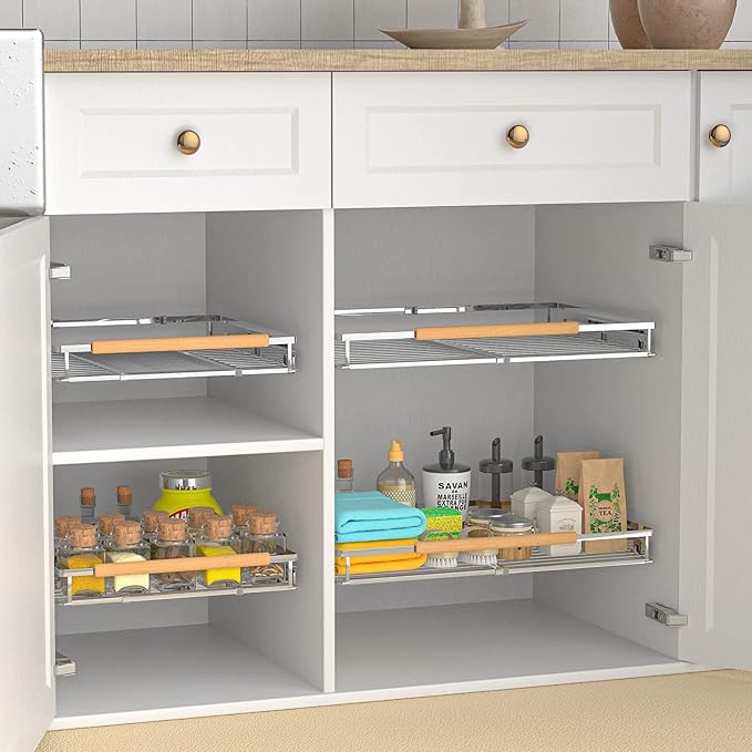 Pull Out Cabinet Shelf, Slide Out Cabinet Organizer Heavy Duty Under Sink, Anti Rust Kitchen Organizer Basket, Smooth Roll Expandable Sliding Drawer, 2 Pack Chrome 15.9''-26.2'' - Image 2