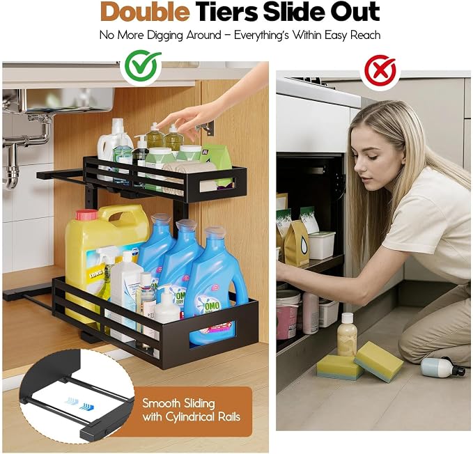 1-Pack Under Sink Organizers and Storage,2-Tier L Shape Pull Out Cabinet Organizer With Round Tube Slide Rails,Hight Adjustable Slide Out Drawers for Kitchen&Bathroom,Multi-Purpose Storage Shelf-Black - Image 3