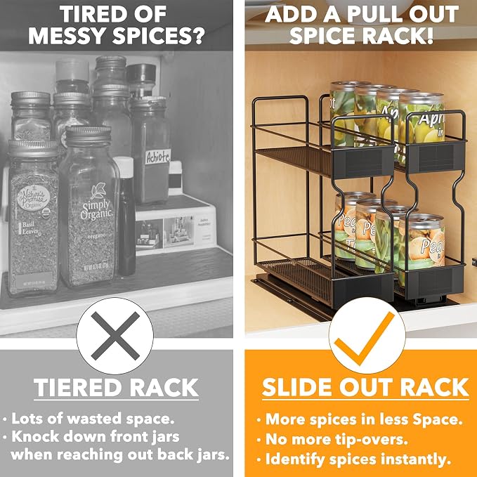 SpaceAid Pull Out Spice Rack Organizer for Cabinet, Heavy Duty Slide Out Seasoning Kitchen Organizer, Cabinet Organizer, with Labels, 7.7" W x10.75 D x10 H, 2 Drawers 2-Tier - Image 4