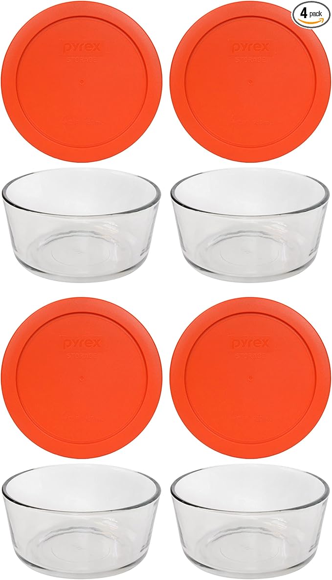 Pyrex 7201 Glass Bowl & 7201-PC Pumpkin Orange Lids (4-Pack) - Made in USA | Tempered Construction | Reusable Covers | Food Freshness Protection | Oven-To-Table Use by Pyrex