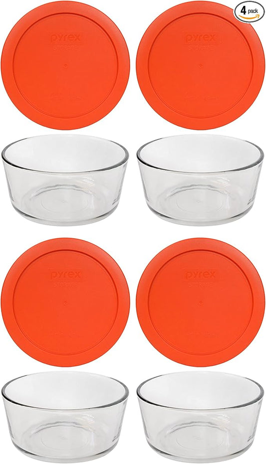 Pyrex 7201 Glass Bowl & 7201-PC Pumpkin Orange Lids (4-Pack) - Made in USA | Tempered Construction | Reusable Covers | Food Freshness Protection | Oven-To-Table Use by Pyrex