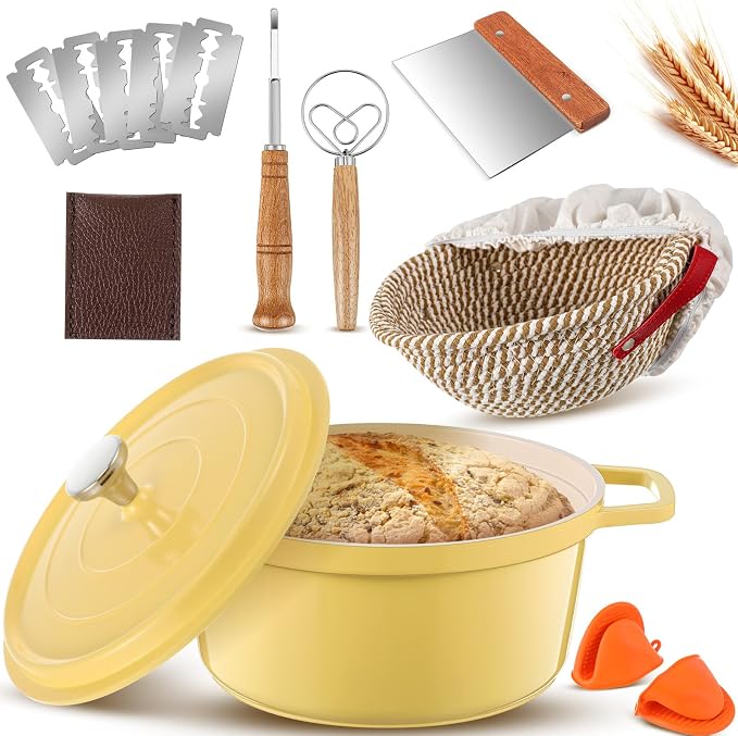 Honeydak 7 Pack Sourdough Bread Baking Supplies Kit Includes Dutch Oven for Bread Baking 5qt Pan Pot, Bread Proofing Basket, Scoring Lame, Dough Whisk by Honeydak