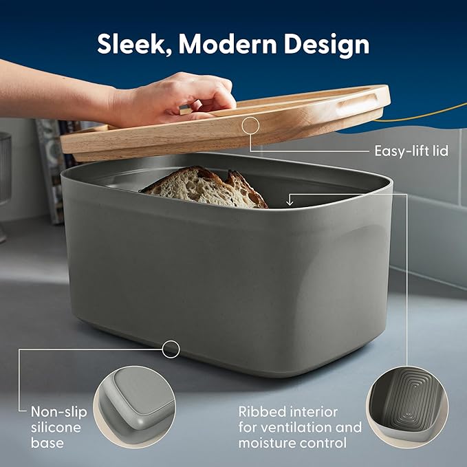 Sonder LA Union Bread Box with Wood Lid (Charcoal) Large 14.25x9.25x7 in | Bamboo Fiber & Recycled Plastic Body with Reversible Bread Board Lid, Kitchen Countertop Use, Larger Than It Appears, 4 lbs - Image 3