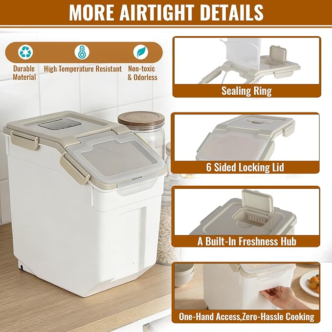 4 Pack Rice Container 25 lbs Large Bulk Flour Sugar Storage Holdhouse Plastic Grain Cereal Dry Goods Bin with Spoon and Measuring Cup for Kitchen Pantry Organization - Grey - Image 3