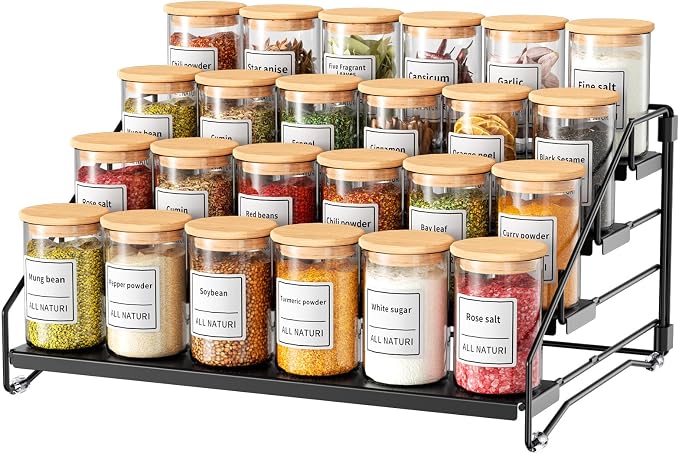 4 Tier Spice Rack Organizer for Cabinet, Depth Adjustable Spice Rack,1 Pack | Black, Metal Spice Organization for Cabinet, Easy Visibility, Tiered Spice Shelf Perfect for Cabinet, Pantry and Countertop by RCHYFEED
