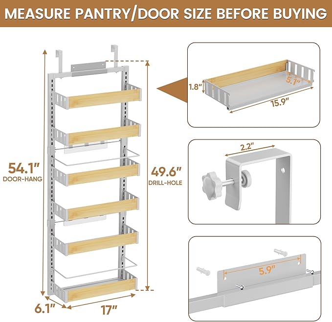 POKIPO 6 Tier Over The Door Pantry Organizer, 2-in-1 Door Hanging or Wall Mounted Spice Rack, Large Heavy Duty Pantry Door Storage Seasoning Shelves with Adjustable Basket for Kitchen Bathroom Closet - Image 7