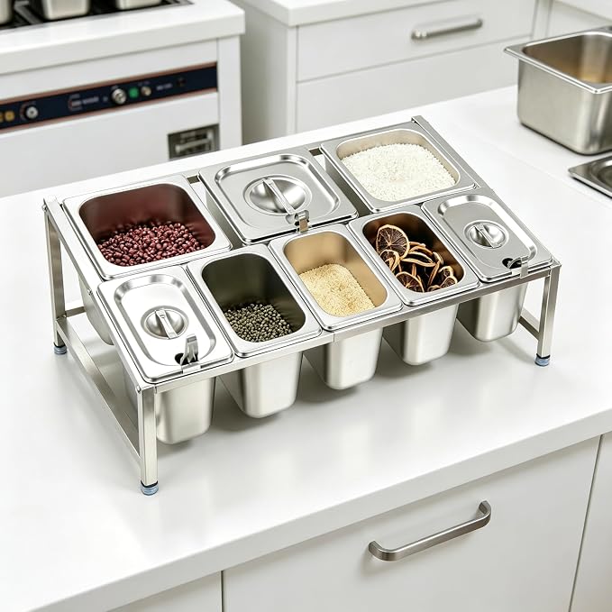 Telescoping Pizza Topping Station Condiment Container Food Prep Holder | Stainless Steel Container Set with 8 Pans & Spoons&Lid, Spice Rack Ingredients Holder Bar Kitchen Pizza Oven Accessories - Image 7