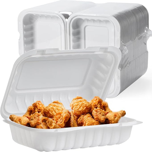 9x6 27 oz 50 Pack To Go Containers - Shrink Wrap Ready to Use | Mineral Filled PP BPA Free Clamshell | Freezer Microwave Safe | White Reusable Food Boxes for Commercial, Sandwiches & Salad by wonderfulmealprep