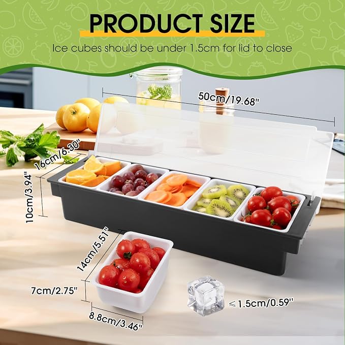 Fruit, Veggie & Condiment Caddy with Lid, 5 Removable Compartments, Ice-Cooled Garnish Tray for Bartenders, Pizza Topping Organizer, Taco Bar Cooler, Portable Condiment Serving Tray | Ice chamber, keeps fruit & toppings chilled, 5 separate sections, re... - Image 3