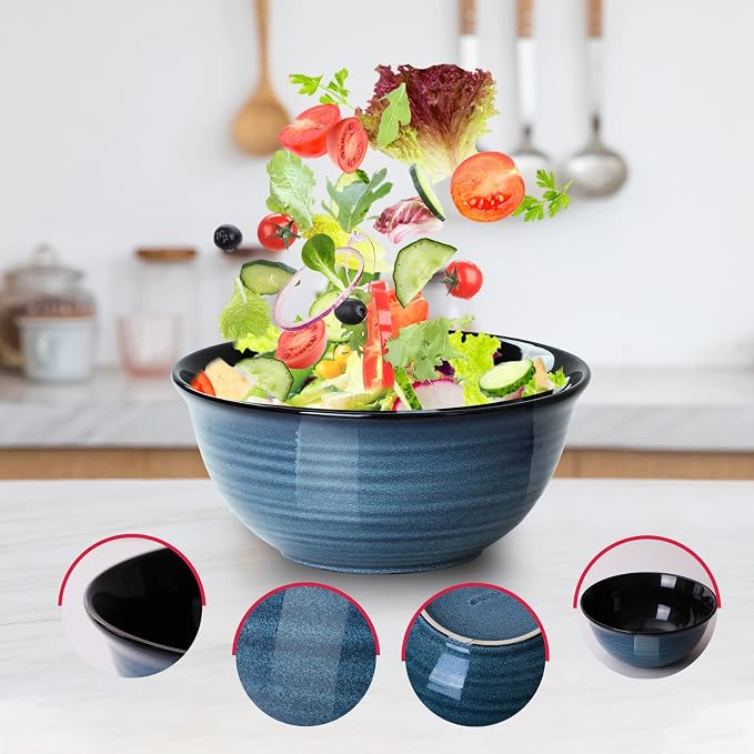 HASENSE Ceramic Mixing Bowls Set for Kitchen, Handmade Serving Dishes for Entertaining, 2.1/1.0/0.5 Qt Deep Microwave Safe Nesting Bowls for Storage and Baking, Blue - Image 4