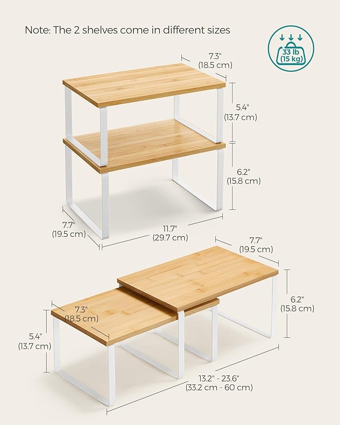 SONGMICS Cabinet Organizer Shelf, Set of 4 Kitchen Counter Shelves, Kitchen Storage, Spice Rack, Stackable, Expandable, Metal and Engineered Wood, Cloud White and Natural Beige UKCS010N01 - Image 2