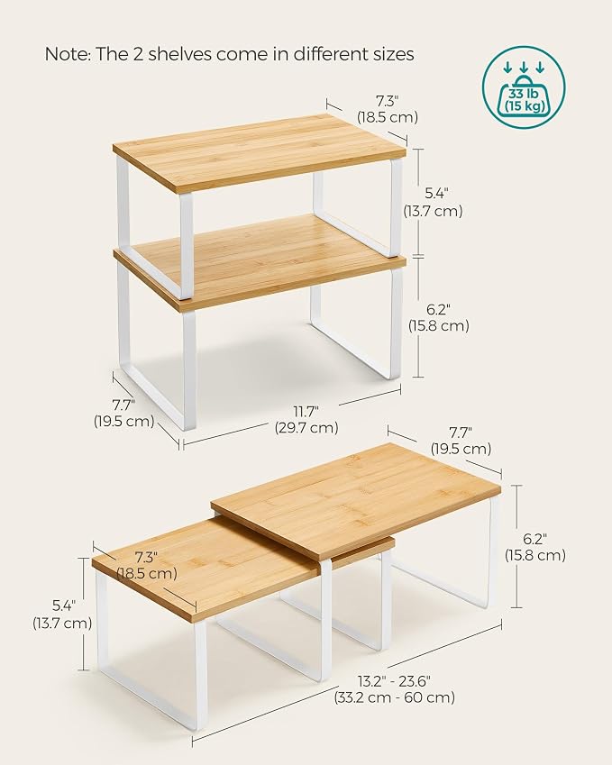 SONGMICS Cabinet Organizer Shelf, Set of 2 Kitchen Counter Shelves, Kitchen Storage, Spice Rack, Stackable, Expandable, Metal and Engineered Wood, Cloud White and Natural Beige UKCS02NW (Pack of 2) - Image 2
