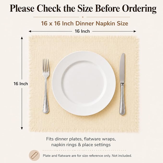 36 Pack Beige Cloth Napkins, 16 x 16 Inch Cotton with Fringe Settings | Handmade washable reusable cotton dinner napkins in bulk for weddings, parties, rustic boho table settings - Image 2