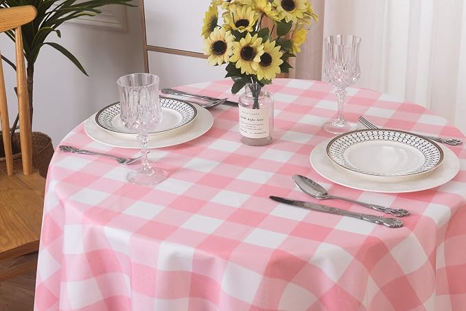 Cupuamon 2 Pack Waterproof Polyester Fabic Round Checkered Tablecloth，60 Outdoor Table Cloth，Oil Stain Prevention Table Cloth for Pinics and Parties（Pink and White） - Image 4