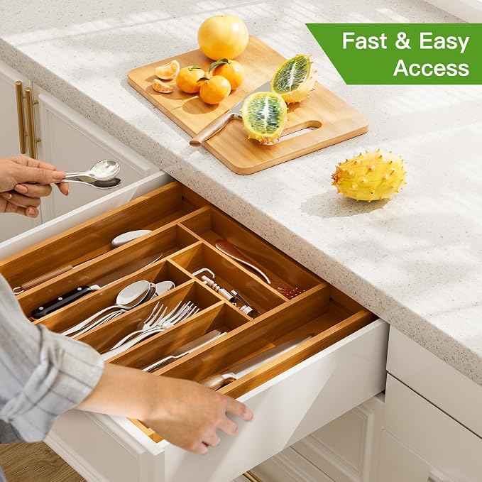 Pipishell Bamboo Expandable Drawer Organizer for Utensils Holder, Adjustable Silverware Organizer Cutlery Tray, Drawer Dividers for Utensils, Flatware, Knives in Kitchen, Bedroom, Living Room(M-Brown) - Image 5