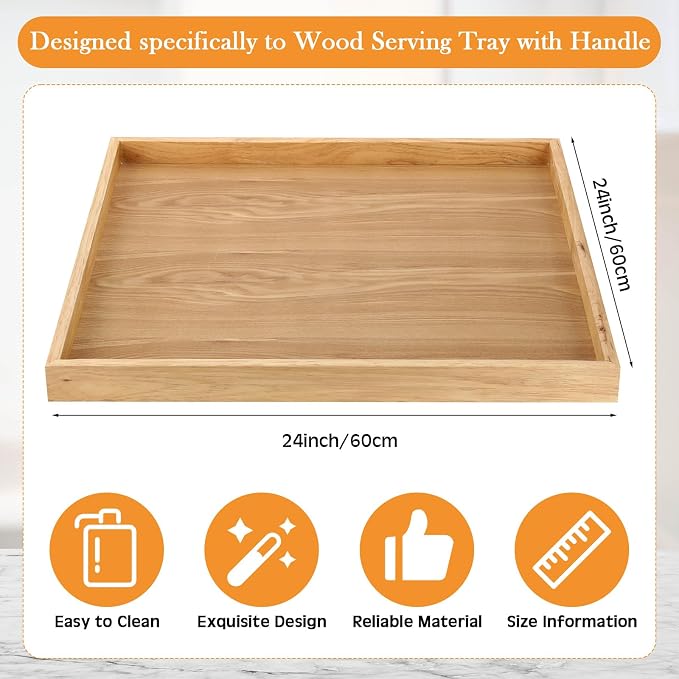 Mumufy 24 x 24'' Square Bamboo Large Serving Tray Platter Serving Tray with Handles Table Top Cheese Platter for Fruit Candy Coffee Dinner Kitchen Party Decorative Display(Wood Color) - Image 2
