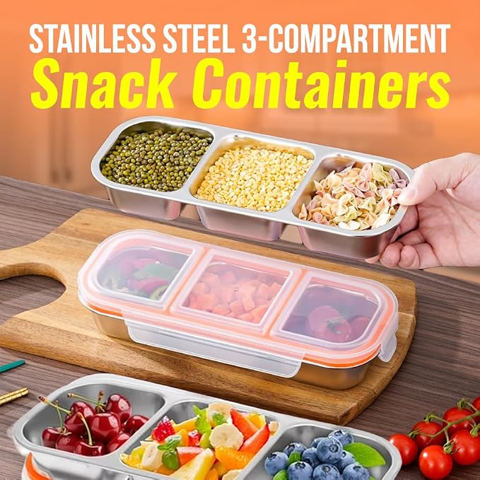 Set of 3 Pack Stainless Steel Snack Container,3 Compartment Bento Lunch Box with Leakproof Grey & Orange Lid,Reusable Metal Food Storage Container,Portable Snack Box for Work,1.5 lb Capacity - Image 6