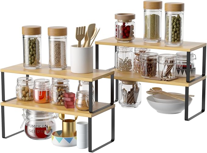 Set of 4 Kitchen Shelf Organizer for Cabinet, Large 15.7 in(L) Bamboo Counter Cupboard Organiser, Pantry Storage Rack for Bathroom, Kitchen, Laundry Room Expandable & Stackable by Nandae