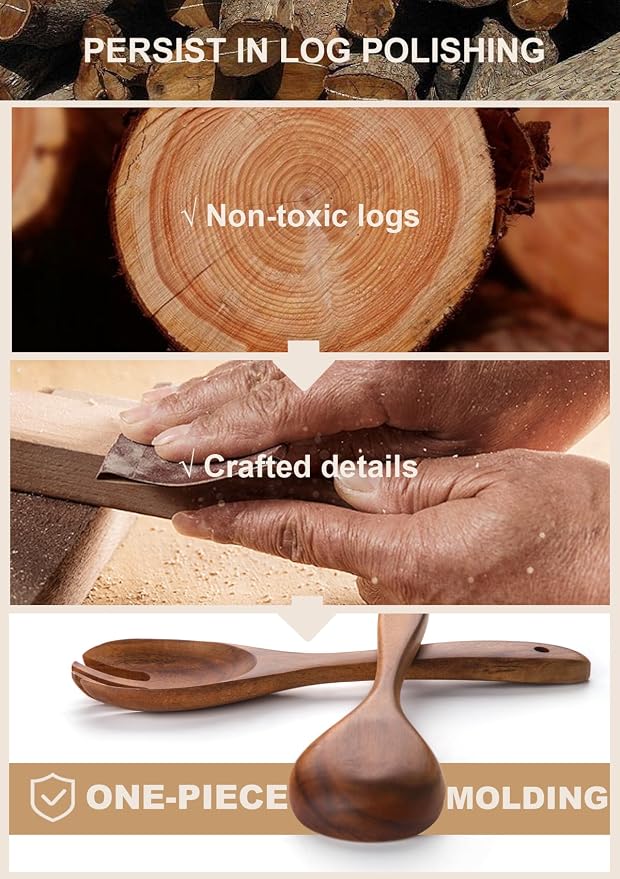 Nucookery Wooden Cooking Utensils Set with Holder, Nonstick Wooden Spoons for Cooking Spatula Set 10 Pcs, Teak Wood Kitchen Utensils Set, Ceramic Utensils Holder for Countertop, White - Image 3