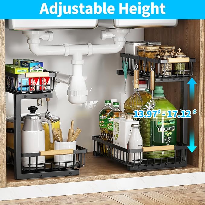 Under Sink Organizer, 2 Tier Metal Under Sink Organizers and Storage, 2 Pack Height Adjustable Slide out Pull out Cabinet Organizer Shelf for Kitchen Bathroom Pantry Cabinet - Image 3