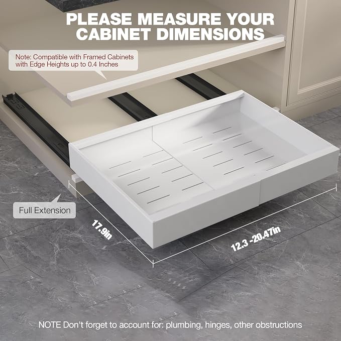 Seinloes 2 Pack Pull Out Cabinet Organizer 18" Deep,Full Extension 3 Slide Rails Slide Out Drawers With Raising Pad for Framed Cabinets,Expandable Width (12.3"-20.5"),No Drill Roll Out shelf,White - Image 2