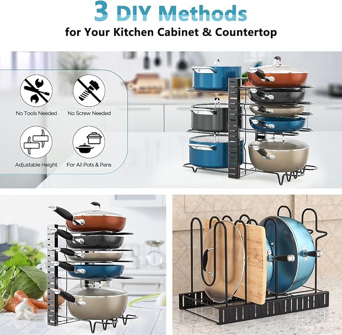 Pots and Pans Organizer Under Cabinet 16.6" 8-Tier Adjustable 2-Pack | 3 DIY Modes, Tool-Free Assembly, Non-Slip, Fits Lightweight Pots Up to 11", For Kitchen Cabinets, Shelves & Countertops - Image 3