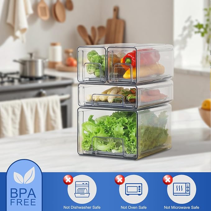 Refrigerator Organizers and Storage Drawers (2PCS, Large) | Produce Water Draining, BPA Free, Stackable, Clear, Fruit and Veggie Organization, Pull Out Bins - Image 7