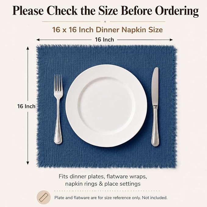 50 Pack Royal Blue Cloth Napkins, 16 x 16 Inch Cotton with Fringe Settings | Handmade washable reusable cotton dinner napkins in bulk for weddings, parties, rustic boho table settings - Image 2
