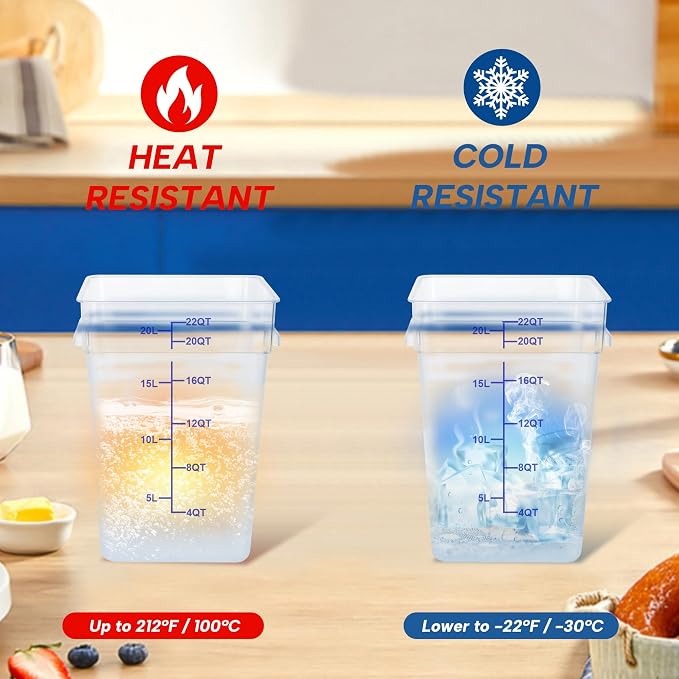 4 Pack 22QT Square Food Storage Containers with Lids | Clear NSF polycarbonate containers with scale, label and measuring cup, stackable for prep, storage, freezer. Dishwasher safe - Image 5