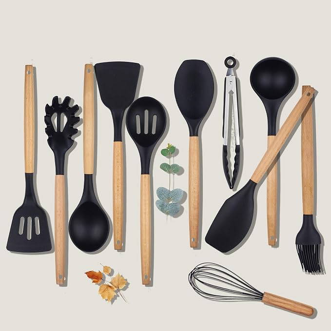 33-Piece Silicone Kitchen Utensils Set - Cookware Kit with Slotted Turner, Spoons, Ladle, Spatula, Measuring Cups & Spoons, Basting Brush, Egg Whisk, Tongs - Nonstick Cooking Accessories - Image 3