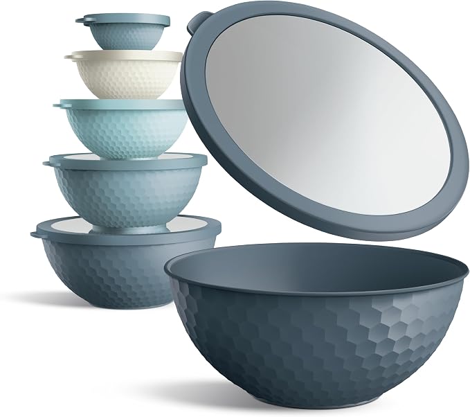 COOK WITH COLOR Mixing Bowls with Lids - 12 Piece Plastic Nesting Bowls Set includes 6 Prep Bowls and 6 Lids, Microwave Safe Mixing Bowl Set, Blue Embossed - Image 2
