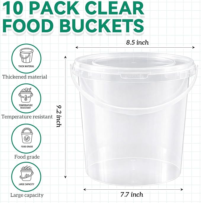 10 Pack 2 Gallon / 256 oz / 7.57 L Clear Plastic Bucket with Handle and Lids Food Storage Containers Freeze Safe Ice Cream Tubs for Deli Kitchen Drinks Home - Image 2