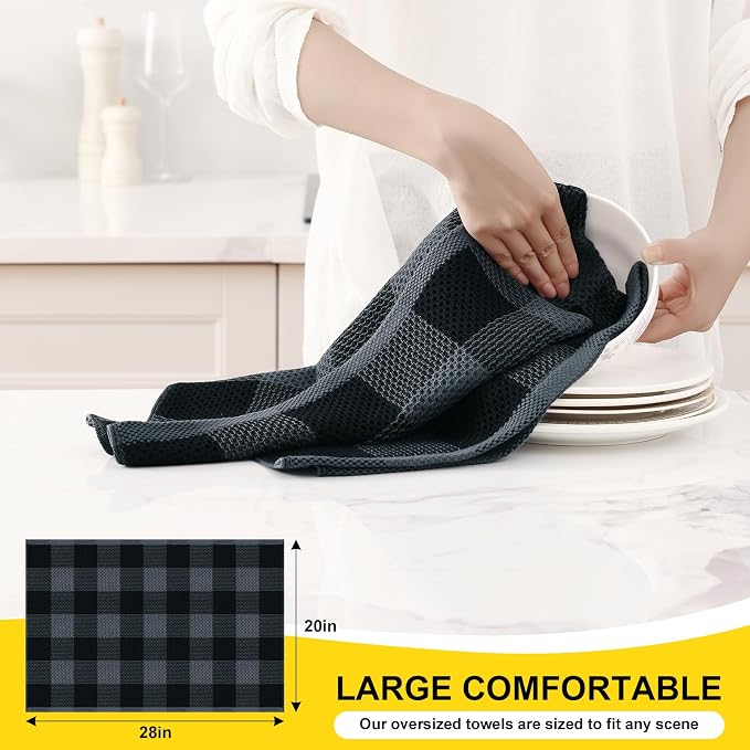 Homaxy Kitchen Towels and Dishcloths Set, Set of 8, Black & Grey | Bulk Cotton Waffle Weave Check Plaid Kitchen Towels, Super Soft and Absorbent Dish Cloths, 12 x 12 and 20 x 28 Inches - Image 3