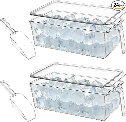 CIEOVO 2 Set Ice Bin for Freezer with Lid and 2 Scoop Set Plastic Freezer Ice Bin with Pull-Out Handle Clear Storage Bucket Kitchen Food Storage Organizer for Home Office Fridge Kitchen by CIEOVO
