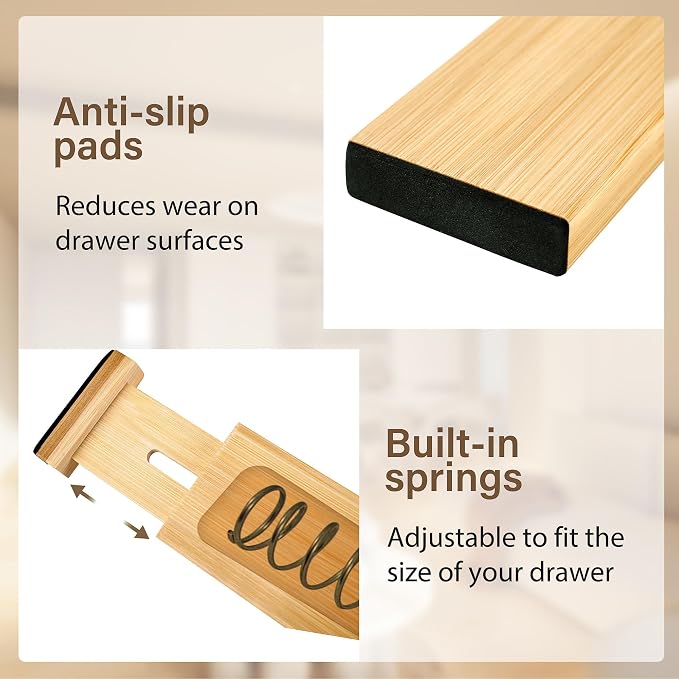 Adjustable Bamboo Drawer Dividers of 4, Expandable Organizers (16.9"-22.2") | Spring-Loaded Kitchen Drawer Organizer, Non-Slip Ends, 2.2" High, Easy Setup & Clean, for Kitchen, Dresser, Clothes, Bath - Image 3