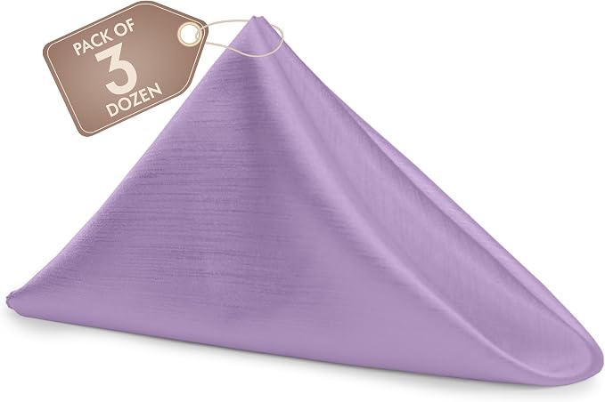 17 x 17-Inch Shantung Satin Cloth Napkins, Lilac Set of 36 | Bulk Case of 3 Dozen, Square, 100% Polyester Fabric, Reversible, Faux Dupioni Silk Reverse Side, Machine Washable, Purple by UltimateTextile
