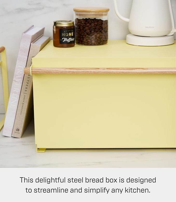 YAMAZAKI Home Modern Bread Box – Steel + Wood Countertop Bread Storage Container, Large Yellow Bread Box for Kitchen Countertop, Space-Saving Bread Keeper, Easy Access Lid - Image 4