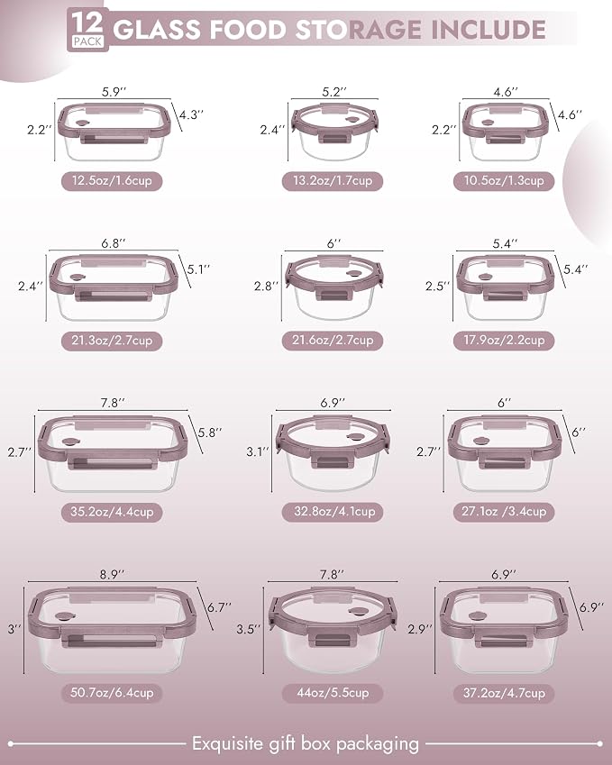 12-Pack Glass Containers with Tempered Lids – Borosilicate, Oven-Safe(-4°F~950°F), Airtight, BPA-Free, Multi-Size for Meal Prep, Dishwasher Safe, 1.6 cups to 6.4 cups (Pink) - Image 2