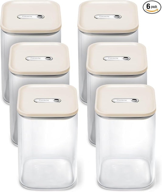 Caraway 4 qt Glass Airtight Food Storage Containers with Lids | Non-Toxic, Stackable, Space-Saving Airtight Containers for Pantry, Dry Goods, 6 Pack, Cream by Unknown