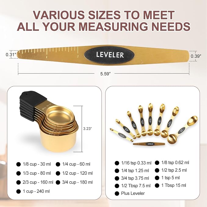 16-Piece Magnetic Measuring Cups and Spoons Set, Stainless Steel, Gold | 7 Silicone-Grip Cups, 8 Metal Spoons, 1 Leveler, US and Metric Marks for Dry & Liquid Ingredients, Kitchen Essentials Gadgets - Image 5