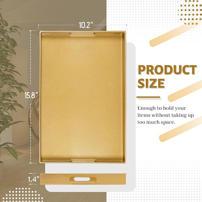 Gold Decorative Tray for Coffee Table, Serving Tray with Handles | Plastic Melamine Tray, Modern Ottoman Tray, Rectangular Countertop Organizer Tray for Living Room, 15.8"L x 10.2"W x 1.4"H - Image 2