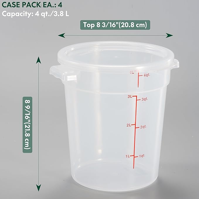 4 Quart Translucent Round Food Storage Container with Lid, Pack of 4 – NSF Listed, BPA-Free, Commercial-Grade Polypropylene, Freezer & Dishwasher Safe, Non-Stick, Easy-Read Graduations - Image 2