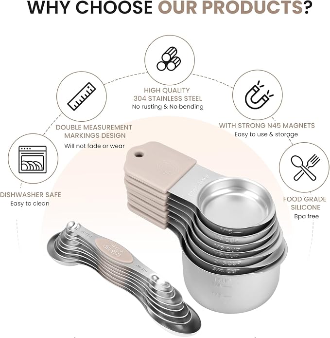 Magnetic Measuring Cups and Spoons Set-Heavy Duty 304 Stainless Steel，Double Measurement Markings，Set of 16 with Leveler for Measure Dry and Liquid Ingredients (khaki) - Image 2