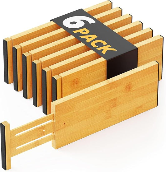 SpaceAid Bamboo Dresser Drawer Dividers 6 Pack, 4.65“ High Adjustable 12.5“-17” Drawer Organizers, Expandable Organization for Clothing, Clothes, Dressers, Natural by SpaceAid